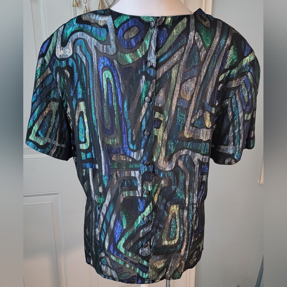 Christian Dior 80s Vintg Semi Sheer Blouse Womens 14 Black Multi Metallic Retro - Picture 4 of 13
